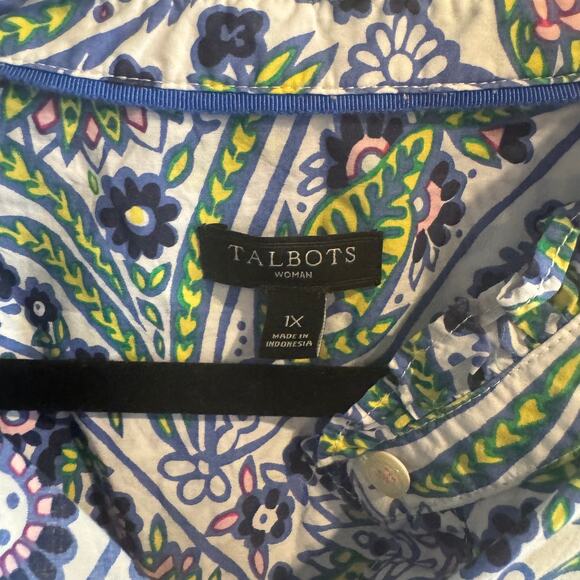 Talbots Floral Top Blue Ruffled Mandarin Collar Button Front Long Sleeve Sz 1X - Picture 3 of 5